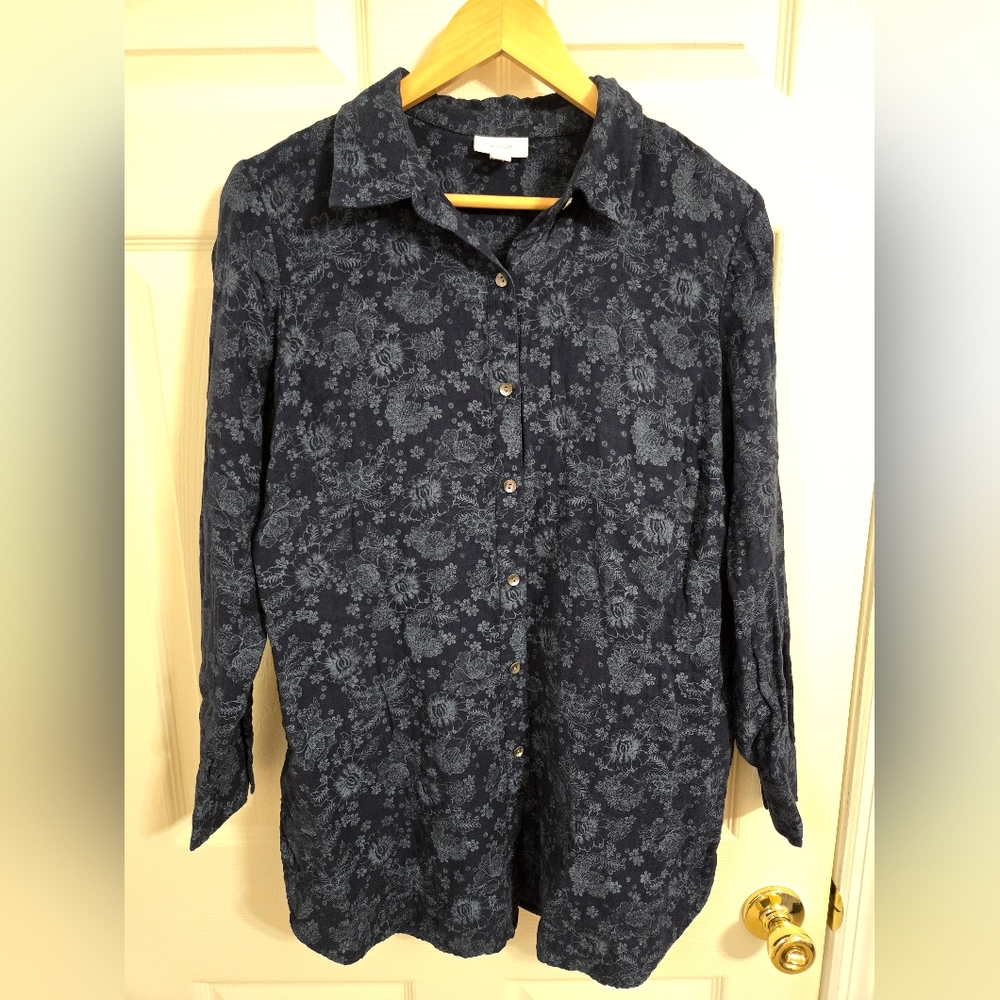 Pure Jill Blue Floral Button-Up Shirt Cotton Size Small